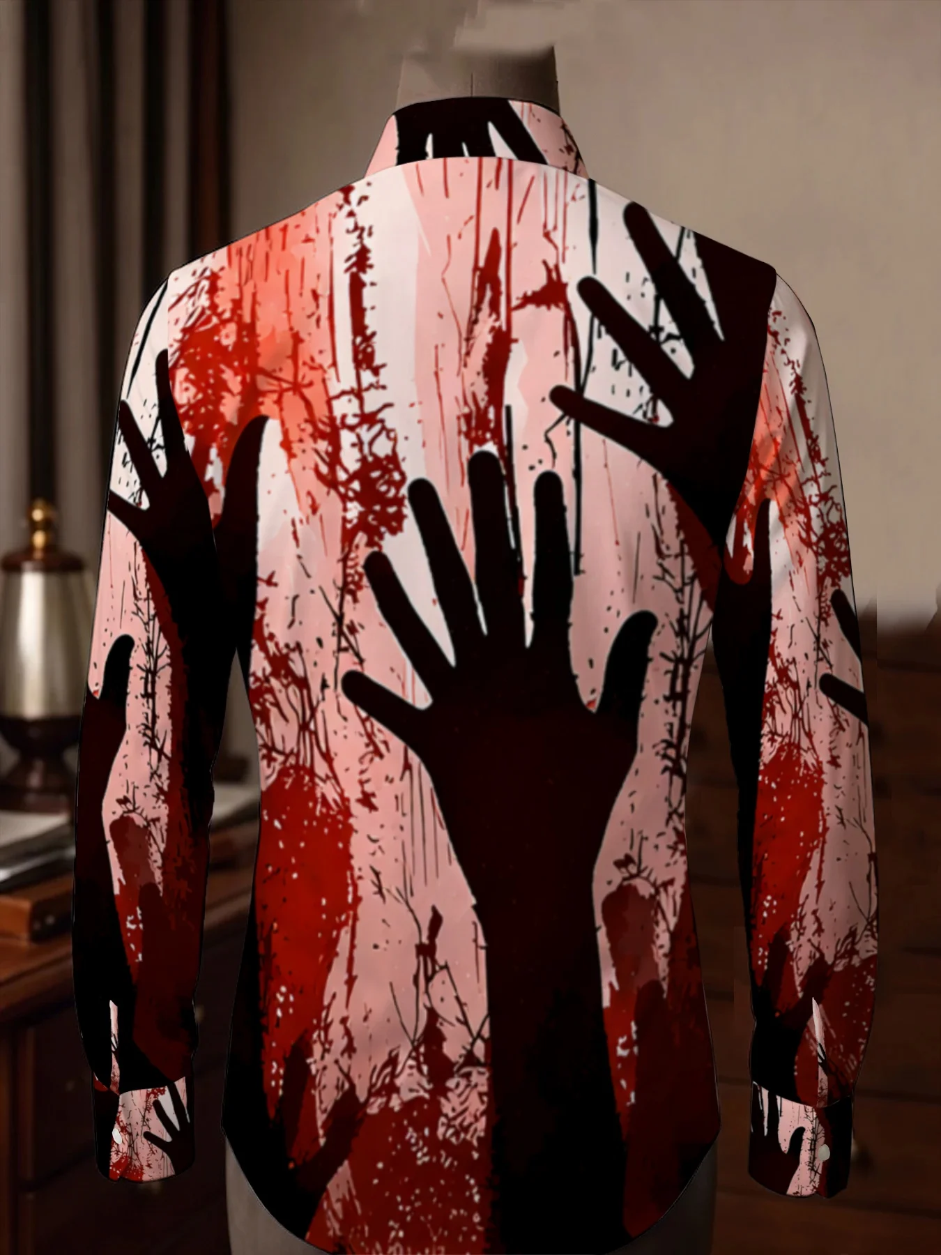 Horror Style Men Lapel Collar Shirt White Base Blood Splatter Hand Graphic Polyester Long-Sleeve Blouse