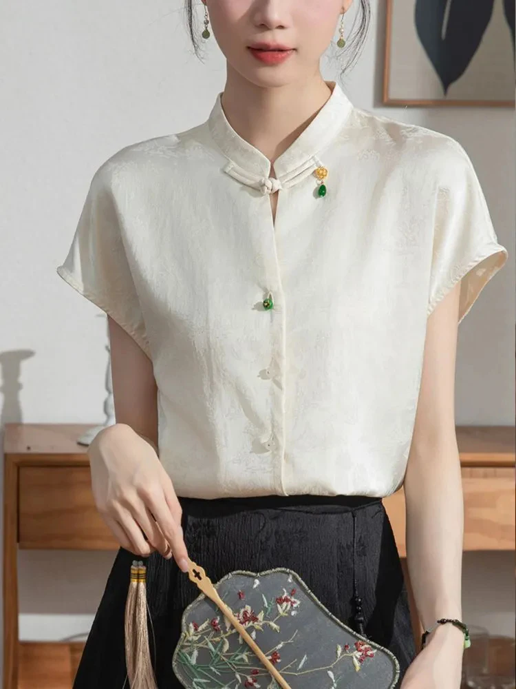 Elegant New Chinese-style Women Satin Jacquard Shirt Summer Retro Stand-up Collar Short Sleeve Top Green Button Chic Qpao Blouse