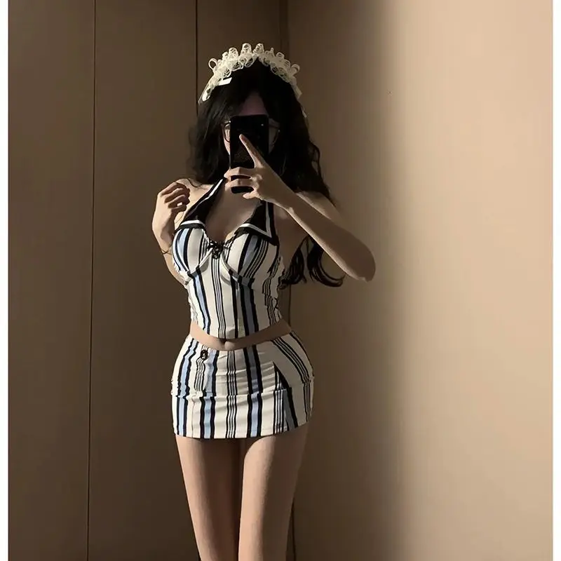 American style spicy girl V-neck retro striped bikini three piece set sexy and trendy women's hot spring vacation swimsuit