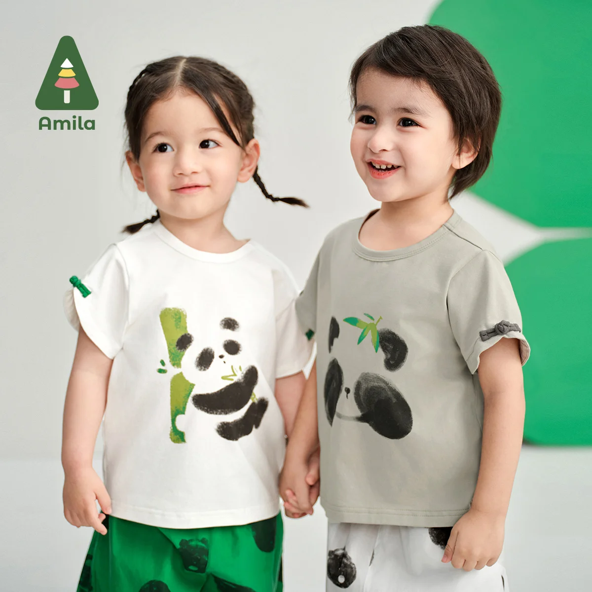 Amila 2024 Summer New Boys & Girls Panda Print Short Sleeve + Polka Dot Medium Pants Cute and Fun Two-Piece Set