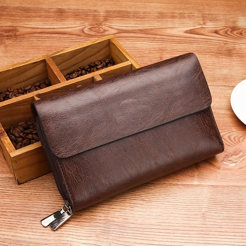 Brown Color Soft Leather Clutch Cover Wallet Men Long PU Retro Male Large Size Coin Card Holder Money Bag