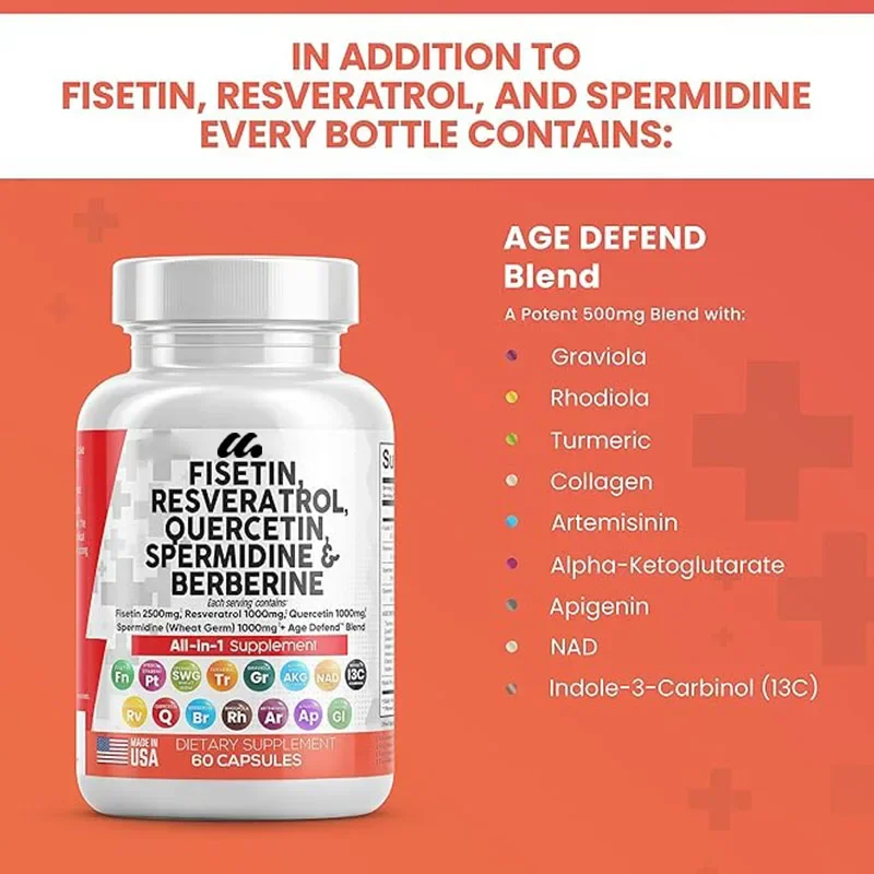 

Fisetin Quercetin Resveratrol Supplement with Arginine Wheat Embryo Extract - Collagen Rhodiola Aspartic Acid Apicin
