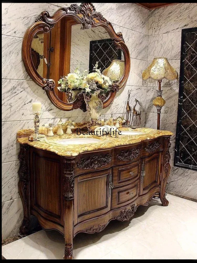 

LEuropean red oak antique double basin bathroom cabinet floor-to-ceiling solid wood washbasin cabinet