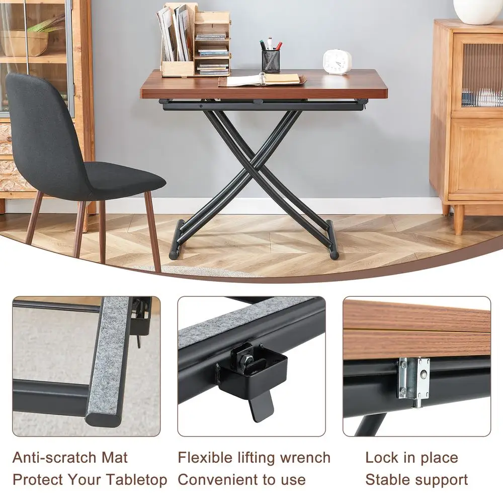 Mesa de centro elevatória multifuncional, mesa de nogueira, 0.8 espaços, mdf, textura de nogueira, altura ajustável, pernas de metal preto