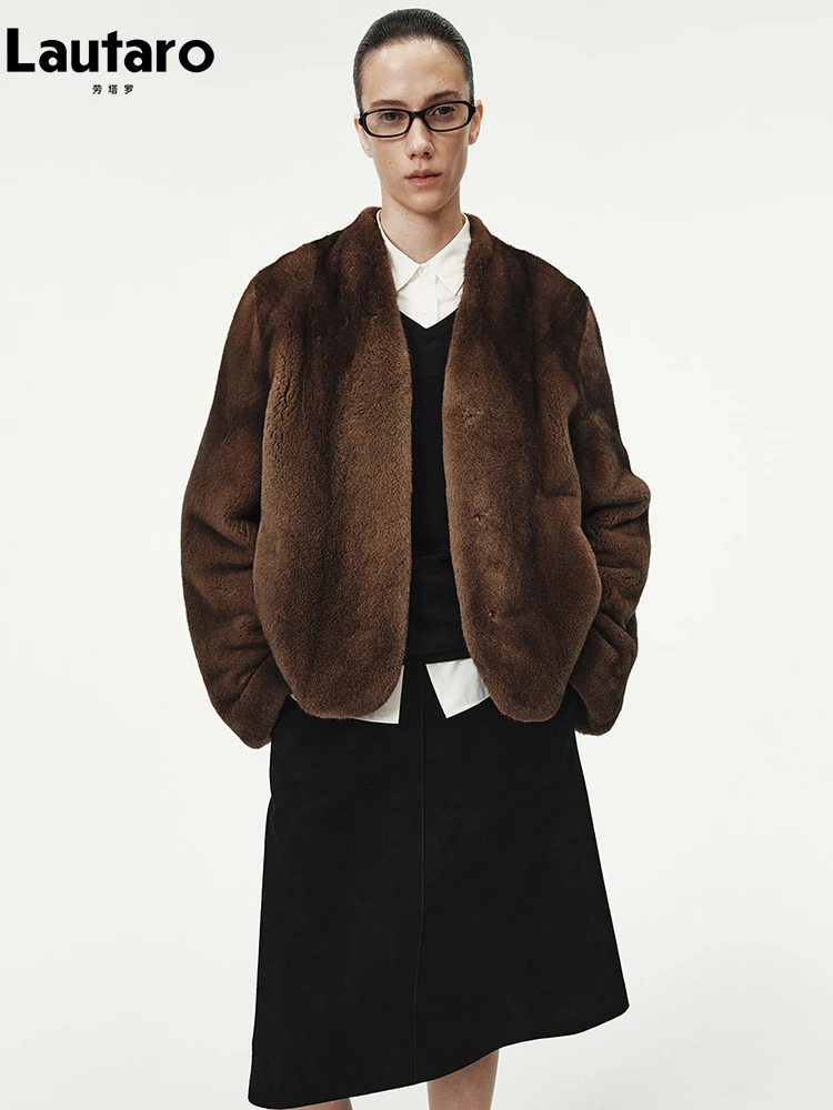 Lautaro Autumn Winter Short Brown Thick Warm Faux Mink Fur Coat Women with V Neck Long Sleeve Elegant Luxury Chic Fluffy Jacket
