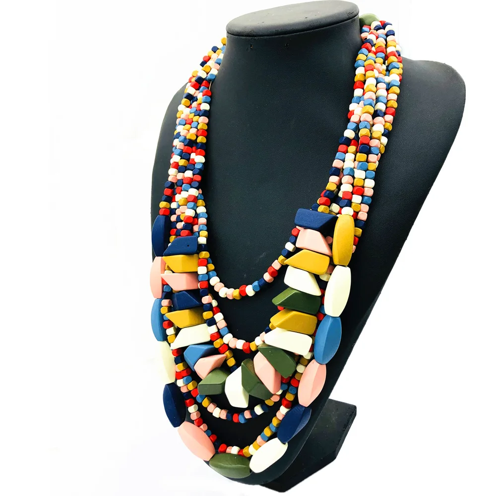 Ethnic Style Wood Block Multi-layer Necklace Color Sweater Chain Foreign Trade Cross-border Jewelry Necklace