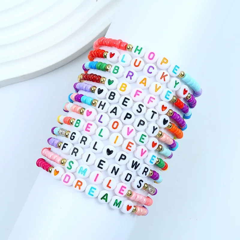OEM Custom Logo Seed Bead Colorful Bracelets Lovely Lucky Smile Bracelet Jewelry Handmade Letter Bracelet for Women Girls Kids