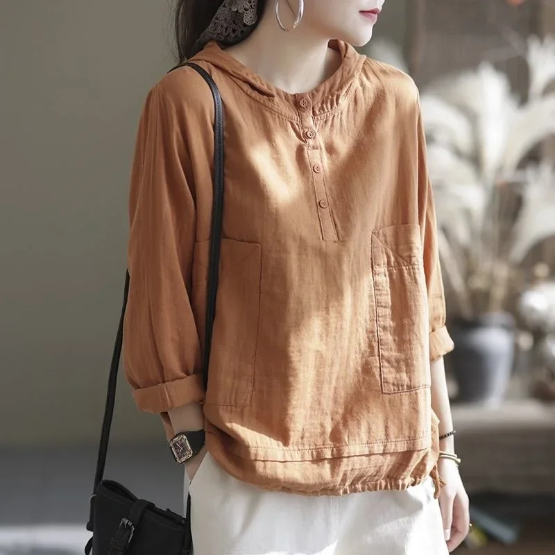 Women\'s Cotton Linen Hooded Shirt Vintage Spring Loose Thin Pullover Long Sleeve Top Simple Plus Size Solid Blouses Ladies Tops