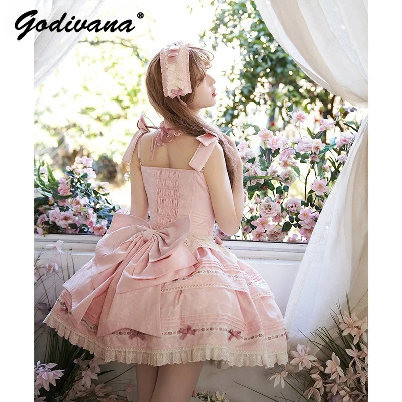 Abito da principessa rosa Jsk per ragazze in stile balletto, nuovo originale, estivo, per ragazze dolci, da donna, con fiocco sottile, per feste di compleanno