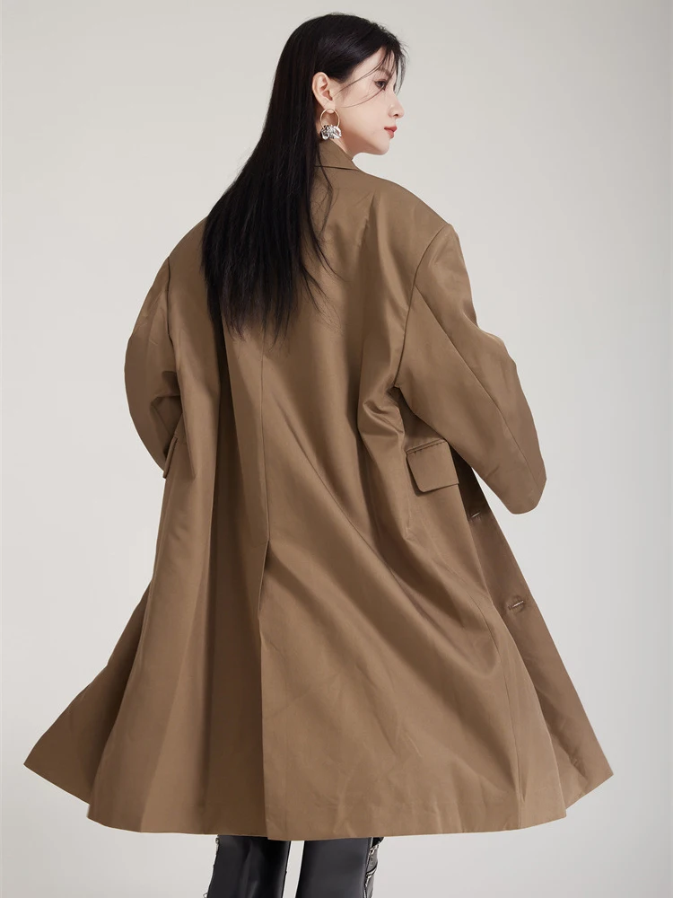 [EAM] Women Brown Striped Color-block Big Size Long Trench New Lapel Long Sleeve Windbreaker Fashion Spring Autumn 2024  1DH8029