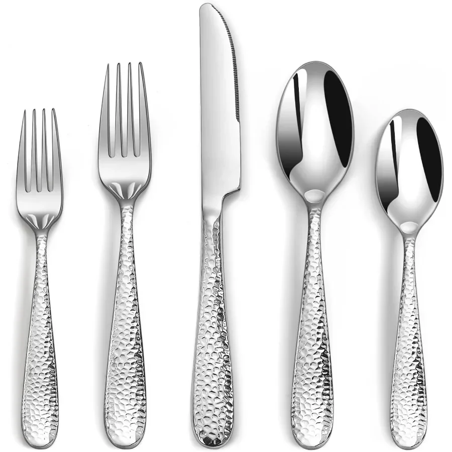 

20Piece Hammered Silverware Set for 4 Heavy Duty Stainless Steel Cutlery Food Grade Flatware Eating Utensils Include Forks Spoo