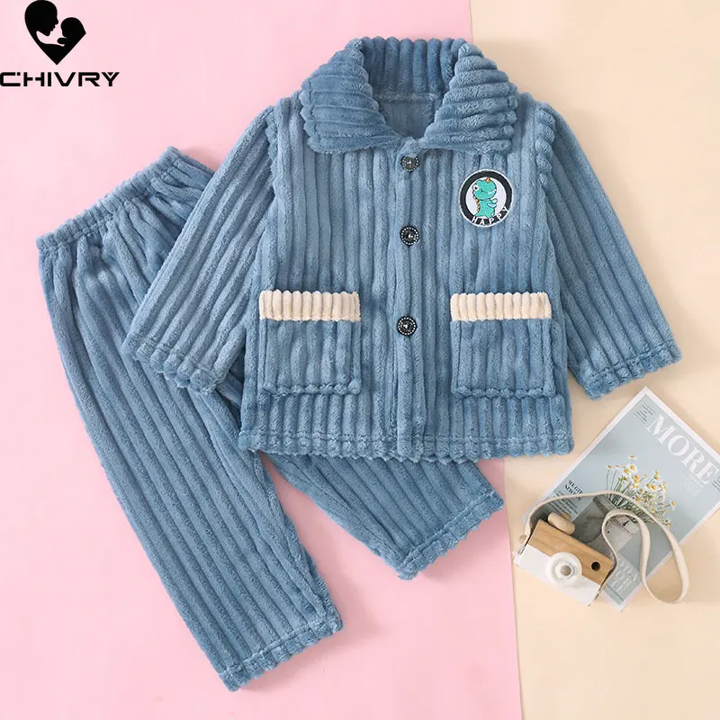 

New Boys Girls Autumn Winter Flannel Pajamas Kids Fashion Thick Warm Cartoon Lapel Tops with Pants Baby Sleepwear Clothing Sets