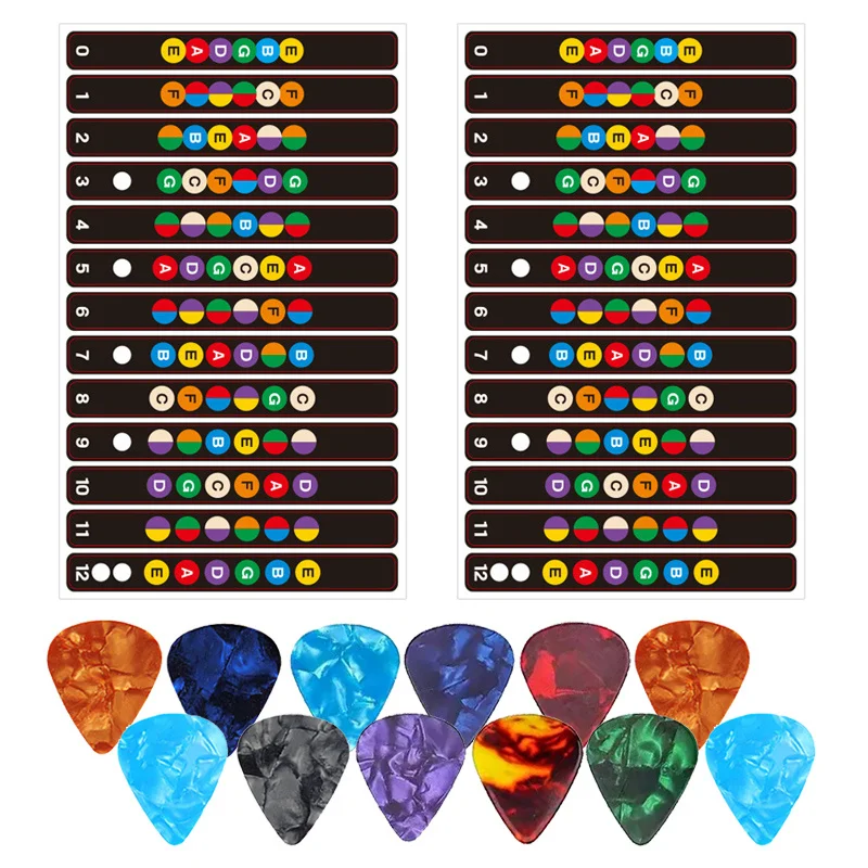 14Pcs Guitar Fretboard Note Stickers Colorful Scale Chart Decals & Mixed Color Celluloid Picks Set for Acoustic Electric TMZ