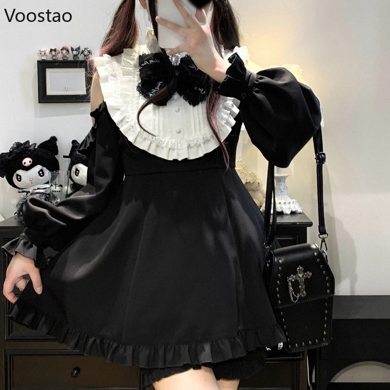 

Japanese Kawaii Lolita Style Rhinestone Bow Dress Shorts Set Women Sweet Off Shoulder Long Sleeve Shirt Dresses Gothic Y2k Dress