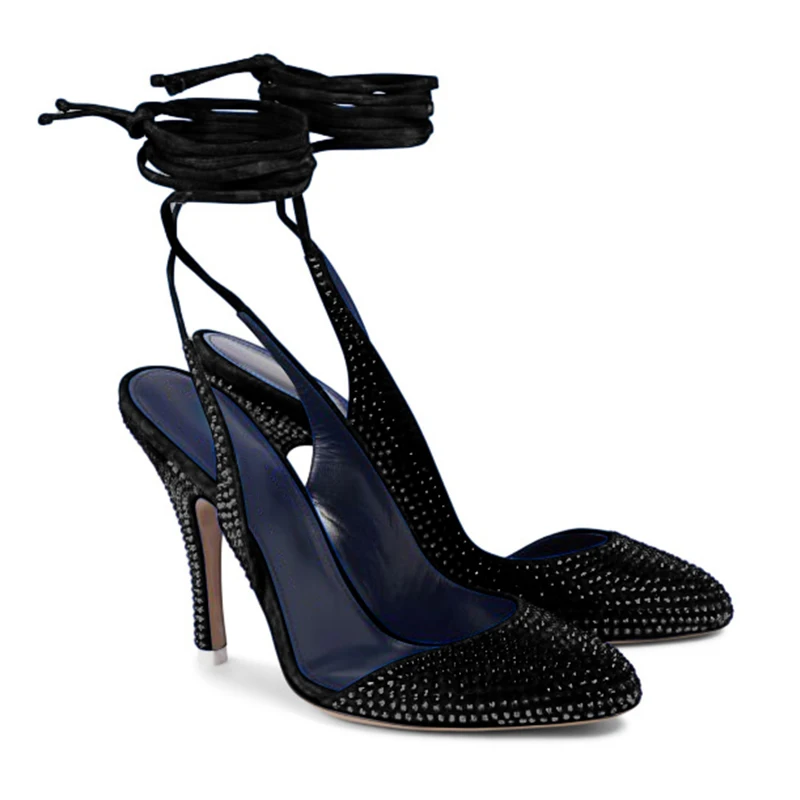 Arden Furtado 2024 estate moda donna in pelle scamosciata punta tonda tacco a spillo poco profondo Sexy cinturino incrociato in cristallo sandali con punta chiusa