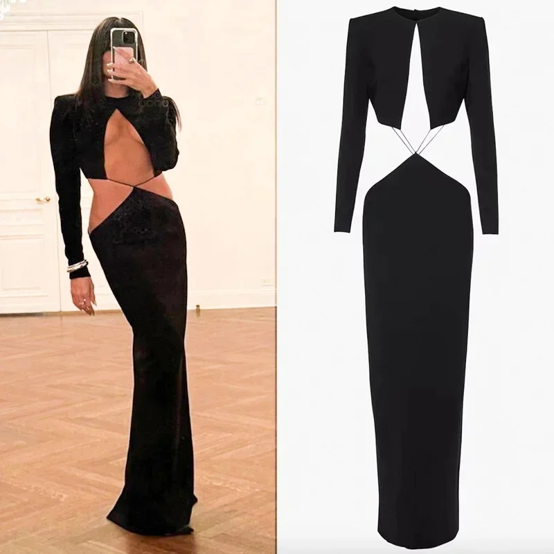 Sexy Cut Out manica lunga abito moda nero elegante donna Backless Slim Evening Birthday Party Night Club abiti a vita bassa