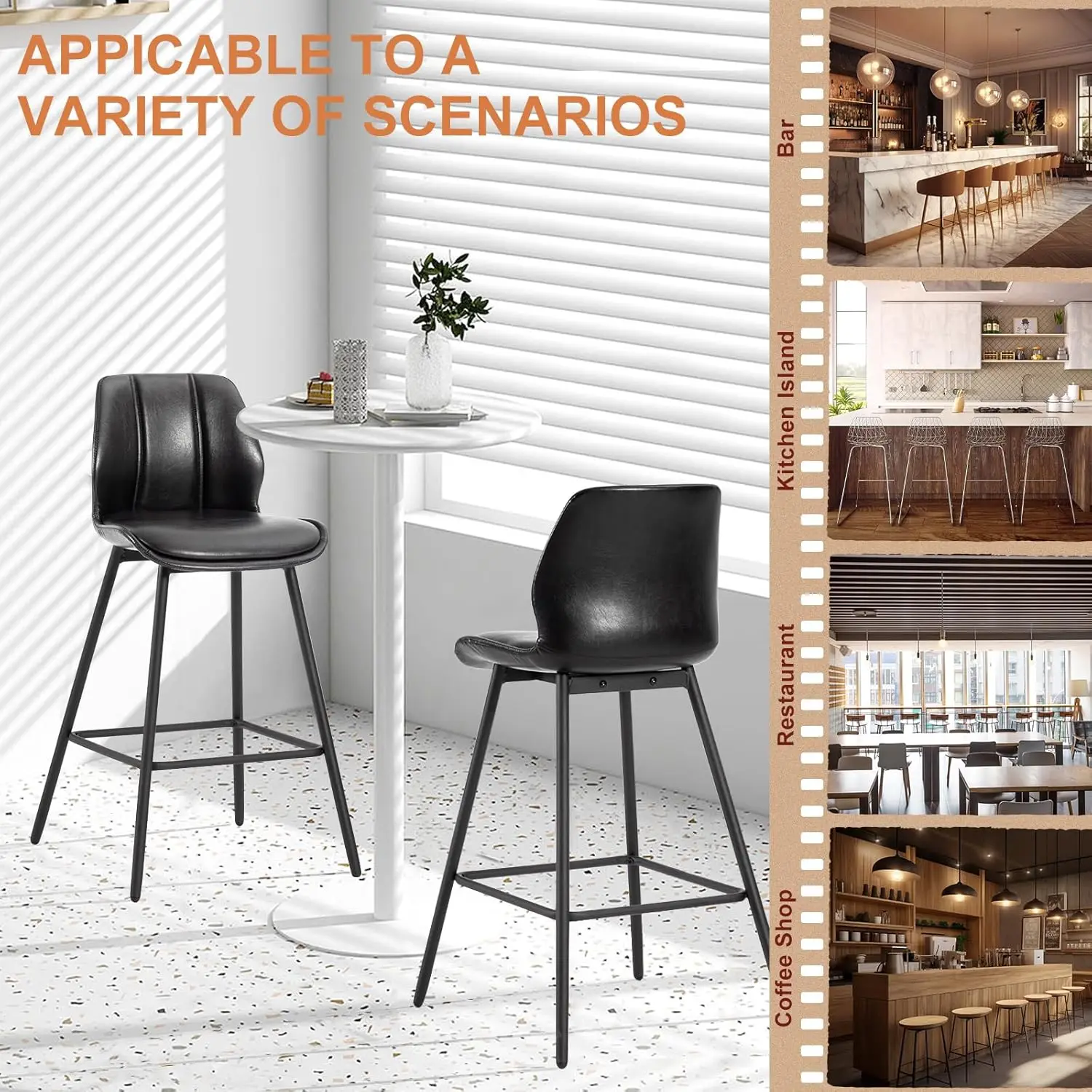 Counter Height Industrial Pub Barstools, cadeiras de couro falso para Kitch, costas e pernas metálicas, modernas, 30"