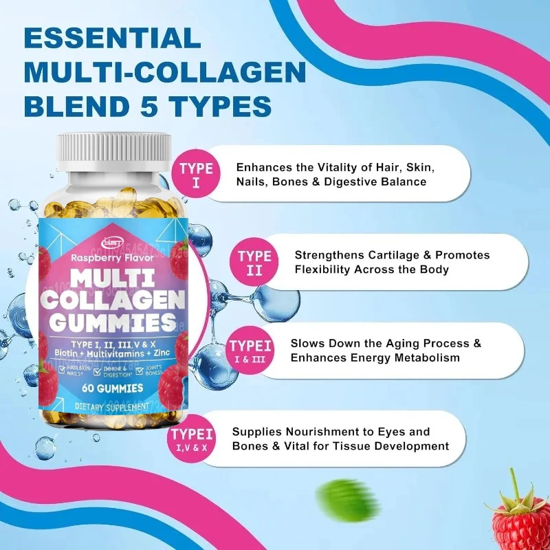 Collagen Peptide Gummies Contain Biotin, Protein, and Various Vitamins - Hair, Skin, Nails, Immune Digestive Joints, and Bones