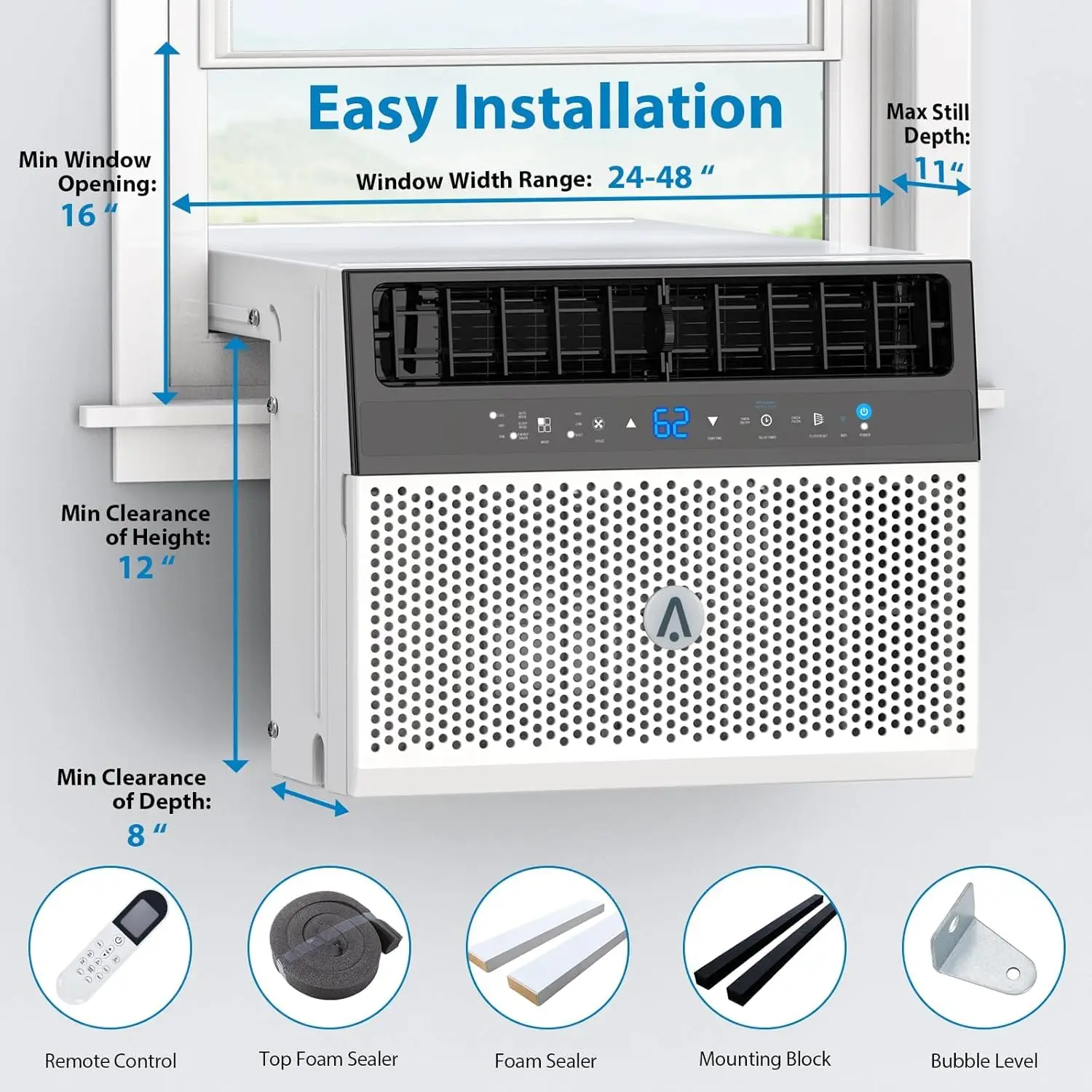 8000BTU U-vormige raamairconditioner, met open raamflexibiliteit, 6 modi, afstandsbediening, koelen tot 370 vierkante meter