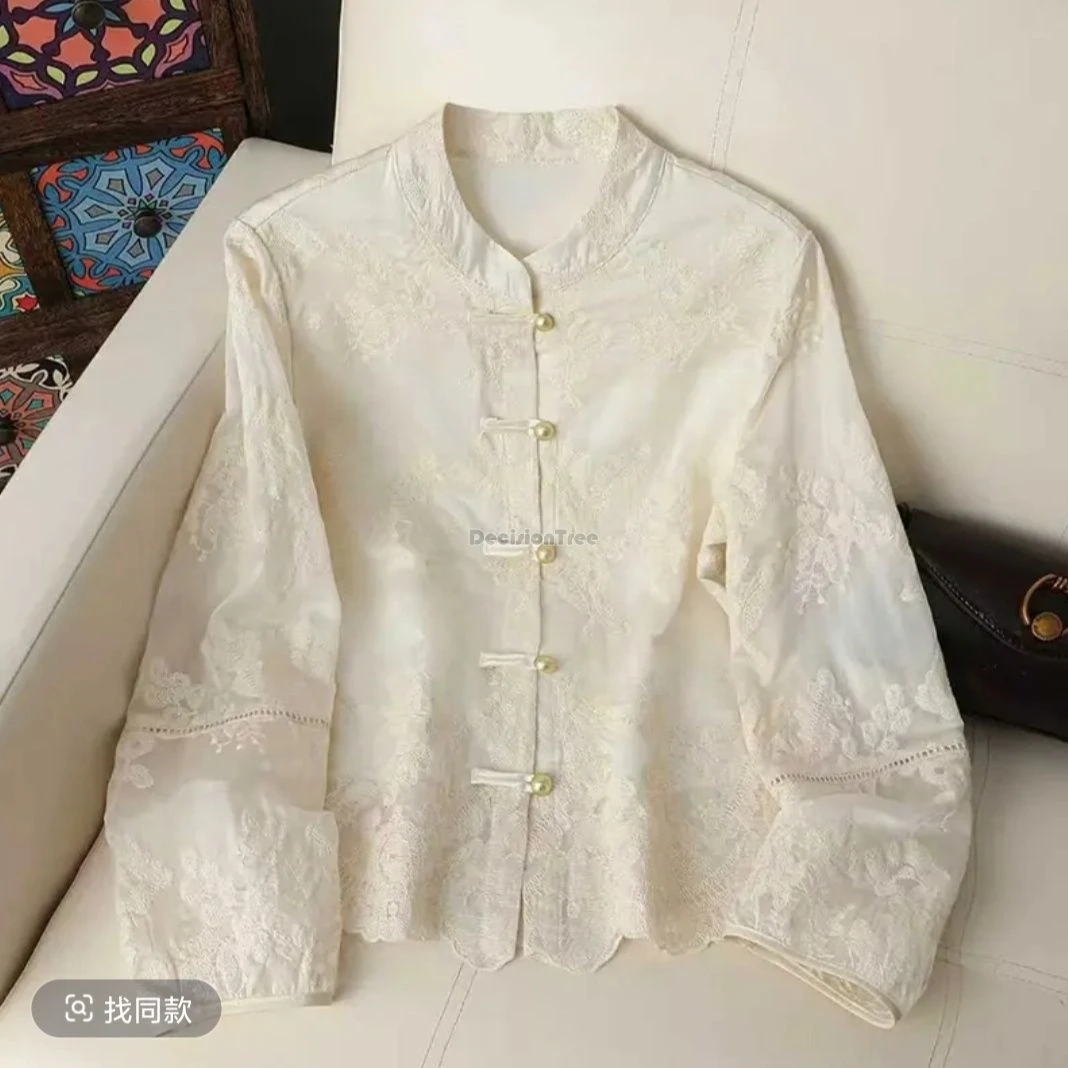 2026 new chinese style folkwear long sleeve embroidered shirt retro stand-up collar cheongsam button jacquard tang suit blouse