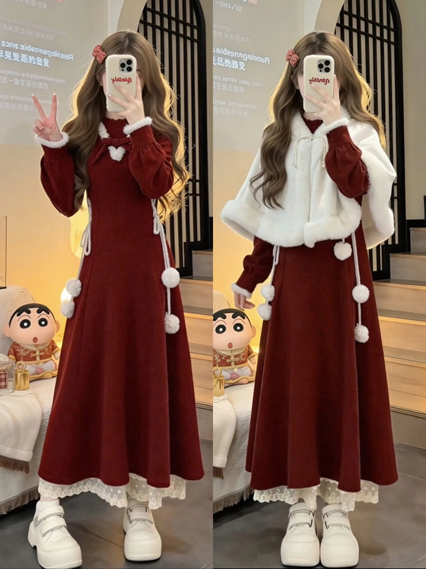 

Red Chinese Sle Coat And Dr Set for Women plus Size Beautiful New Year Outfit Warm Casual Wear V Ne Button up Cotton