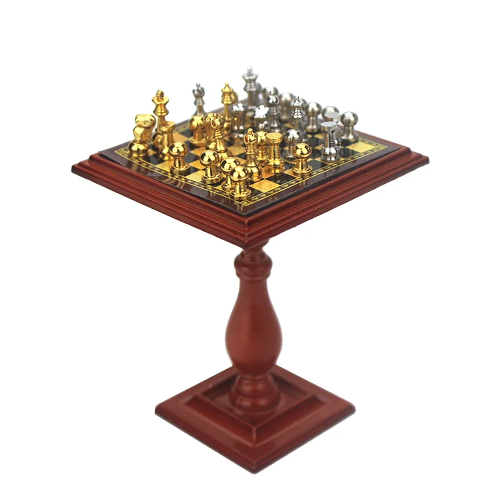 1/12 Dollhouse Miniature Accessories Mini Metal Magnetic International Chess with Table Model for Doll House Decoration