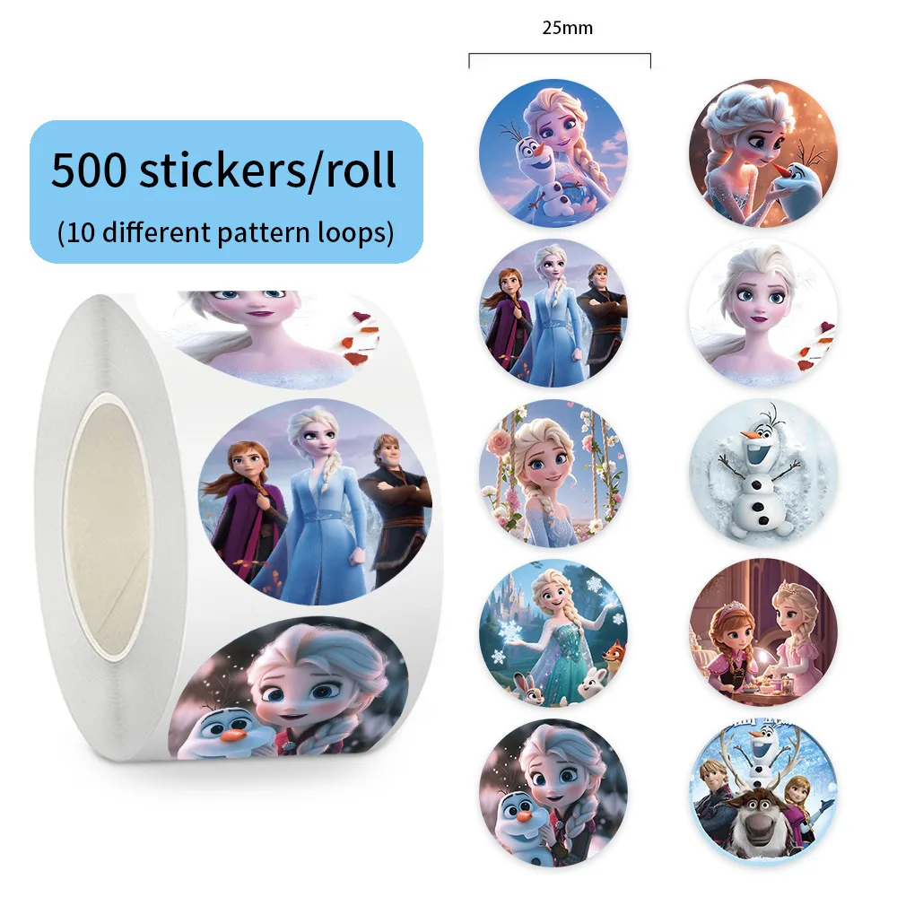500 uds/rollo de pegatinas de sellado de dibujos animados de princesa Elsa de Frozen DIY PVC pegatinas para ordenador portátil decoración Stiker juguetes de regalo de recompensa