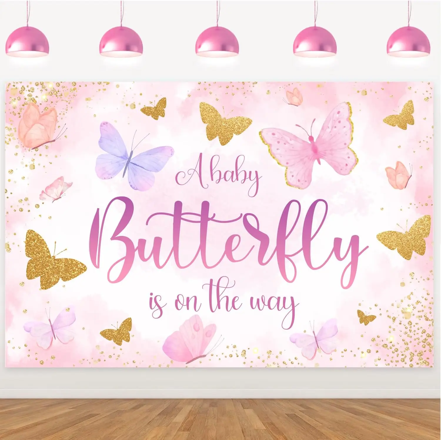 

Joymemo 5x3ft Butterfly Theme Backdrop Purple Pink Butterfly Baby Shower Party Decor Supplies Banner Gold Spots Photo Props