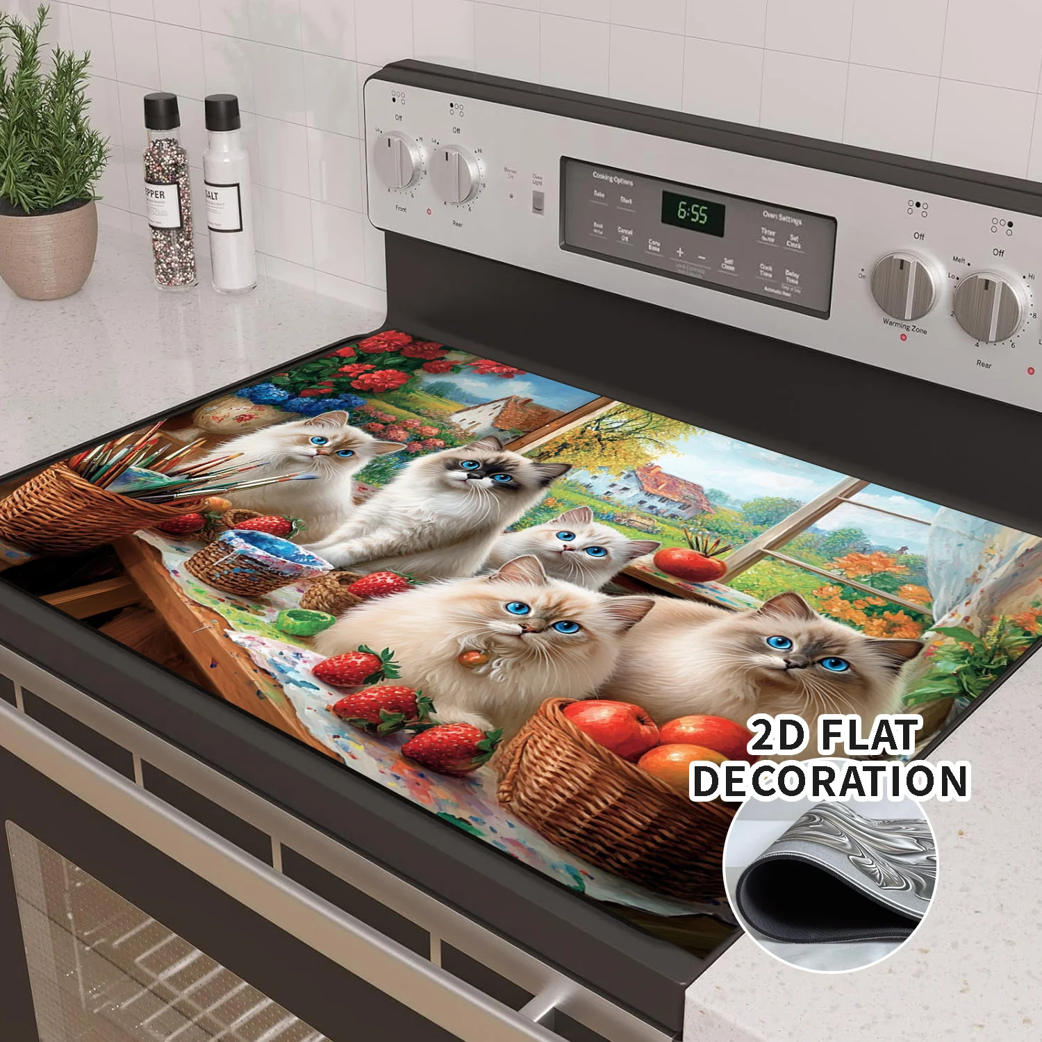Fluffy Ragdoll Cats Fruit Painting Print Stove Top Cover Mat,Non‑Slip Washable Cooktop Pad for Home Kitchen Electric Stove Decor