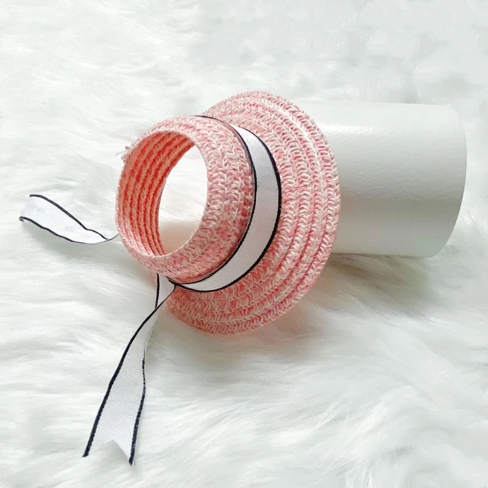Mini Woven Straw Princess Hat With Ribbon Bow For 15cm 17cm Vinyl Doll Multi-color Summer Doll Shooting Decor Accessory