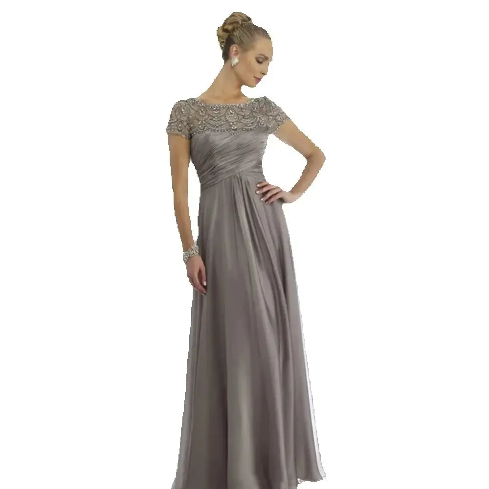 Luxuriöse graue Brautjungfernkleider, bodenlang, A-Linie, kurze Ärmel, O-Ausschnitt, Applikationen, elegante Damen-Bankett-Abschlussball-Abendkleider