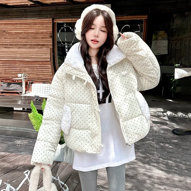 2026 Women Parkas Winter Polka Dot Corduroy Jacket Fur Collar Loose Thicke Cotton Padded Coat Female Outerwear Student Overcoat