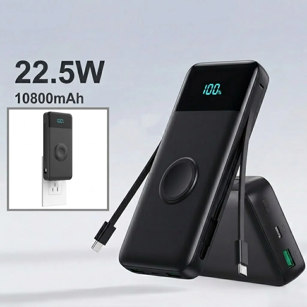 10800mAh Fast Charging Power Bank with Built-in USB-C Cable 22.5W Portable Charger for iPhone 16/15/14 Pro Max Samsung Galaxy S25/S24 Ultra iPad with Apple Watch Wireless Charging Feature