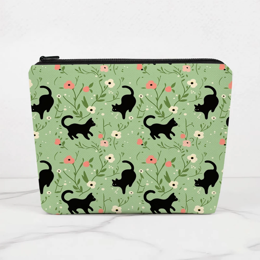 Black Cats Flowers Green Background Makeup Bags for Girls Cosmetic Pouch Toiletry Bag Pencil Case Travel Storage