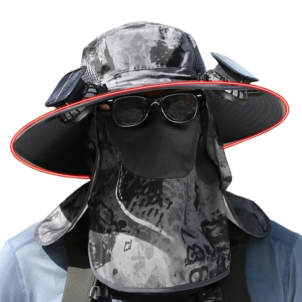 

Men Sun Hat with 2 Solar Fan Wide Brim Bucket Hat with Removable Face Cover Neck Flap Fisherman Hat for Fishing Hiking Camping
