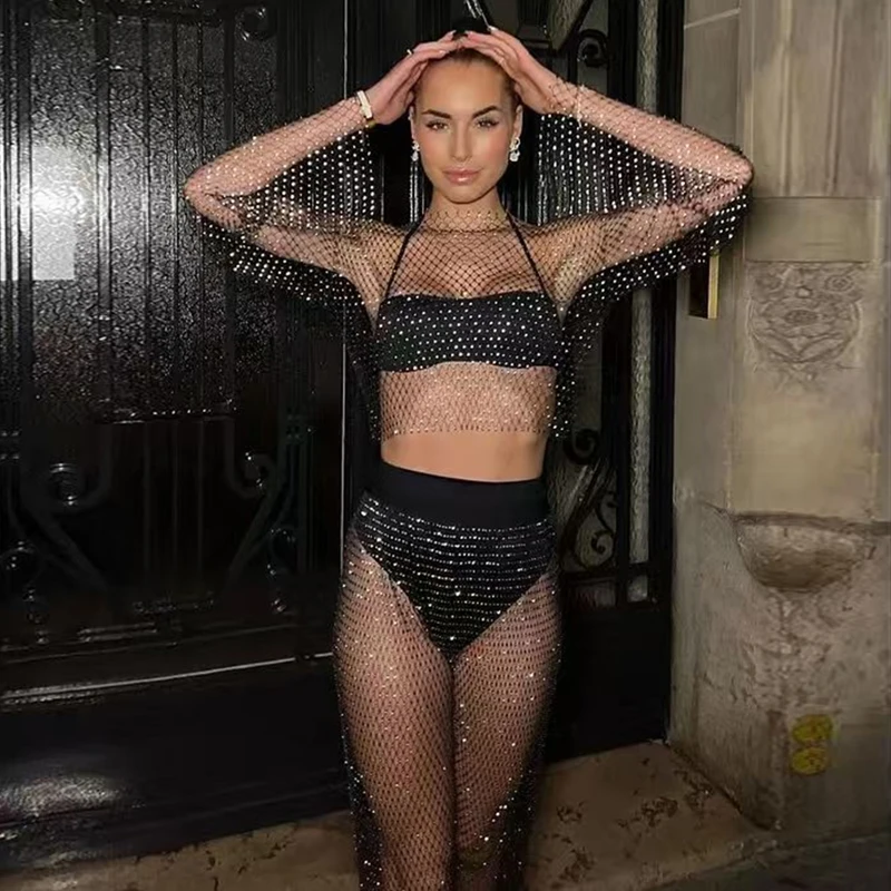 2-teiliges Set für Damen, Strass-Mesh-Crop-Top & Hose mit hoher Taille, durchsichtiges Fischnetz-Langarm-Strand-Cover-Up, Clubwear-Outfit – Detail 6