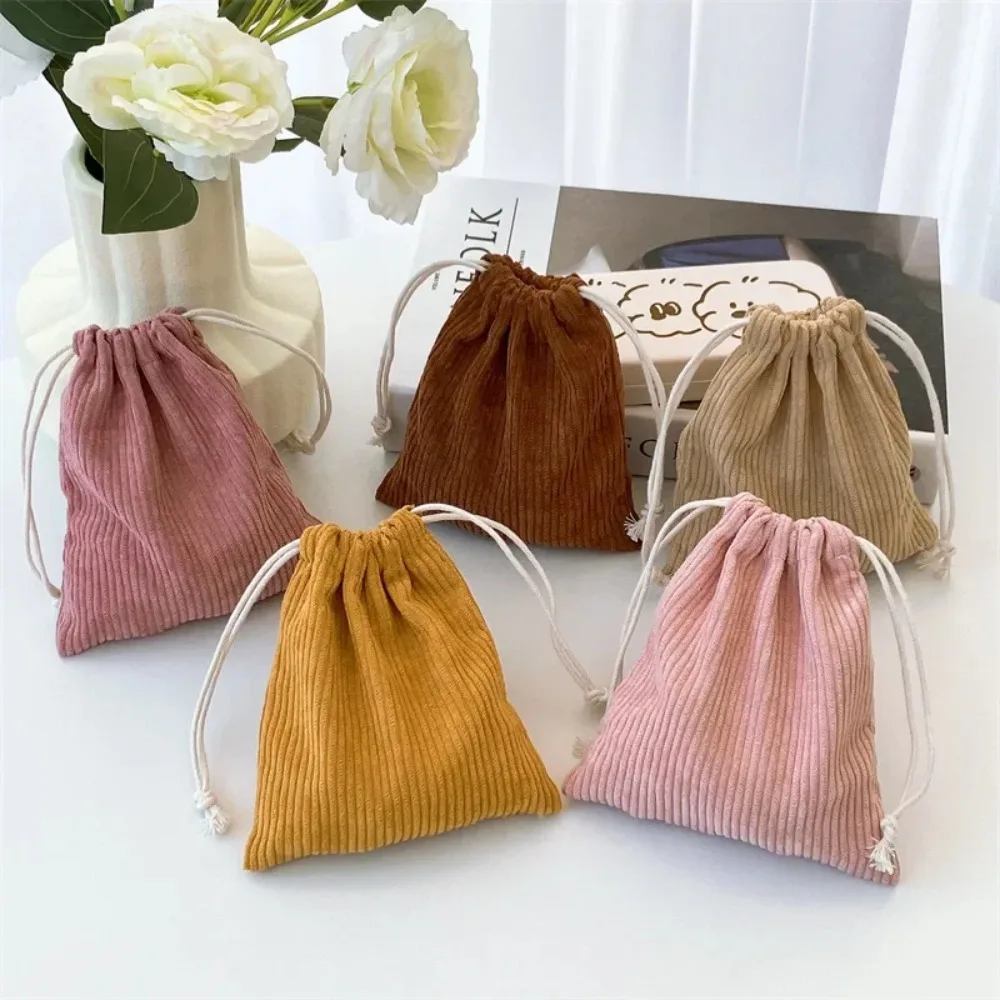 Corduroy Drawstring Bags Coin Purse Solid Pouch Large Capacity Cosmetic Travel Portable Makeup Organizer Wallet Change Ladies