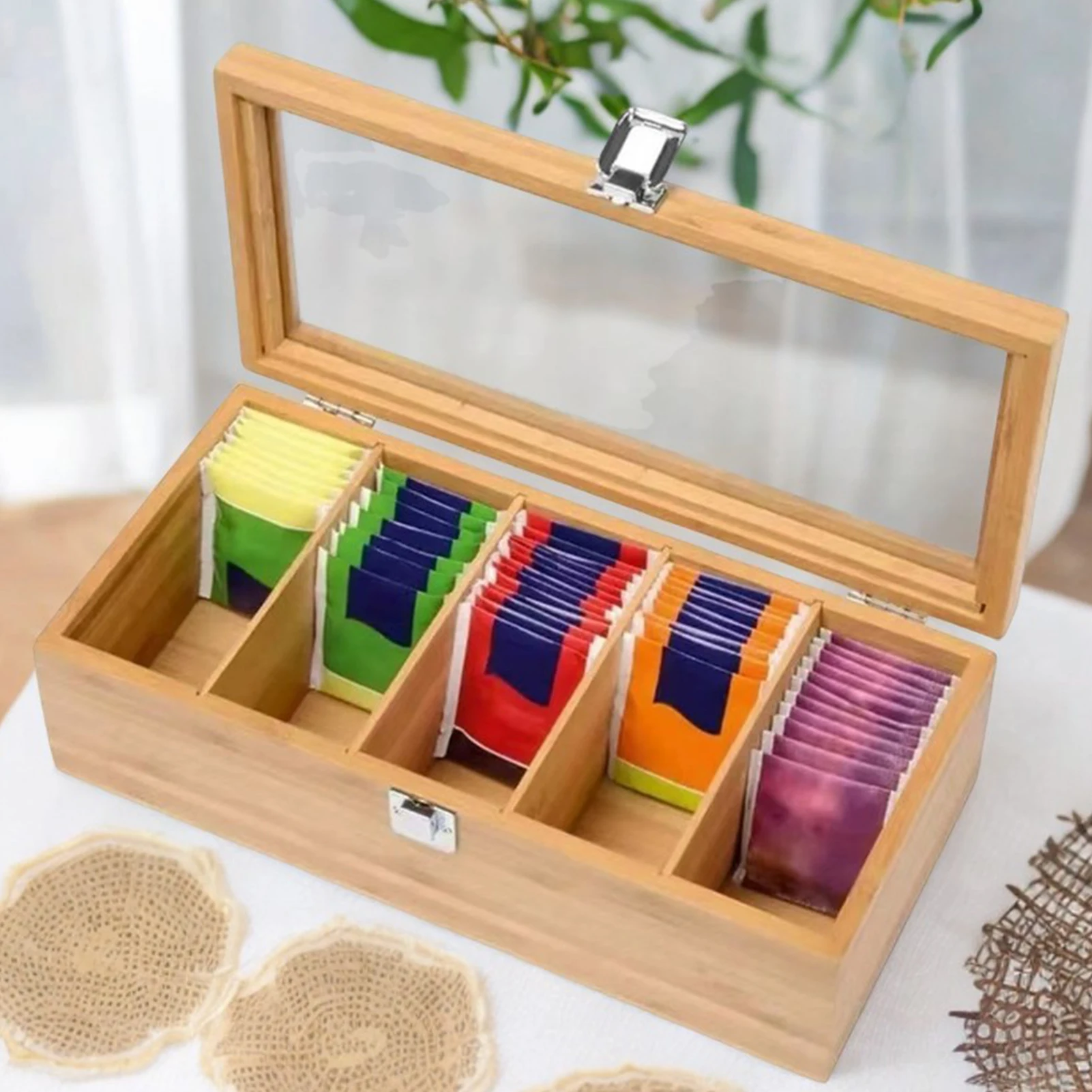 

Tea Bag Caddy Box Storage Container Tea Bag Holder with Clear Top Lid for Holder Bags Coffee Sugar Packets