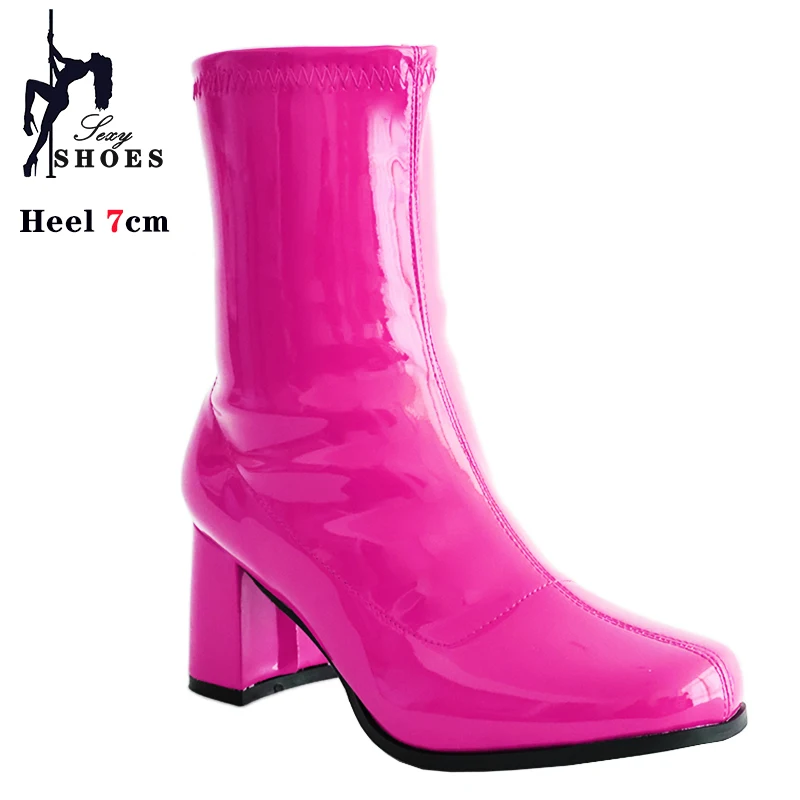 Voesnees Neue 7 cm hochhackige Cross-Dressing-Schuhe Gogo-Stiefel 60er 70er Jahre Stiefeletten mit quadratischem Absatz Sexy runde Zehen-Leder-Reißverschluss-Damen-Kurzstiefel 6