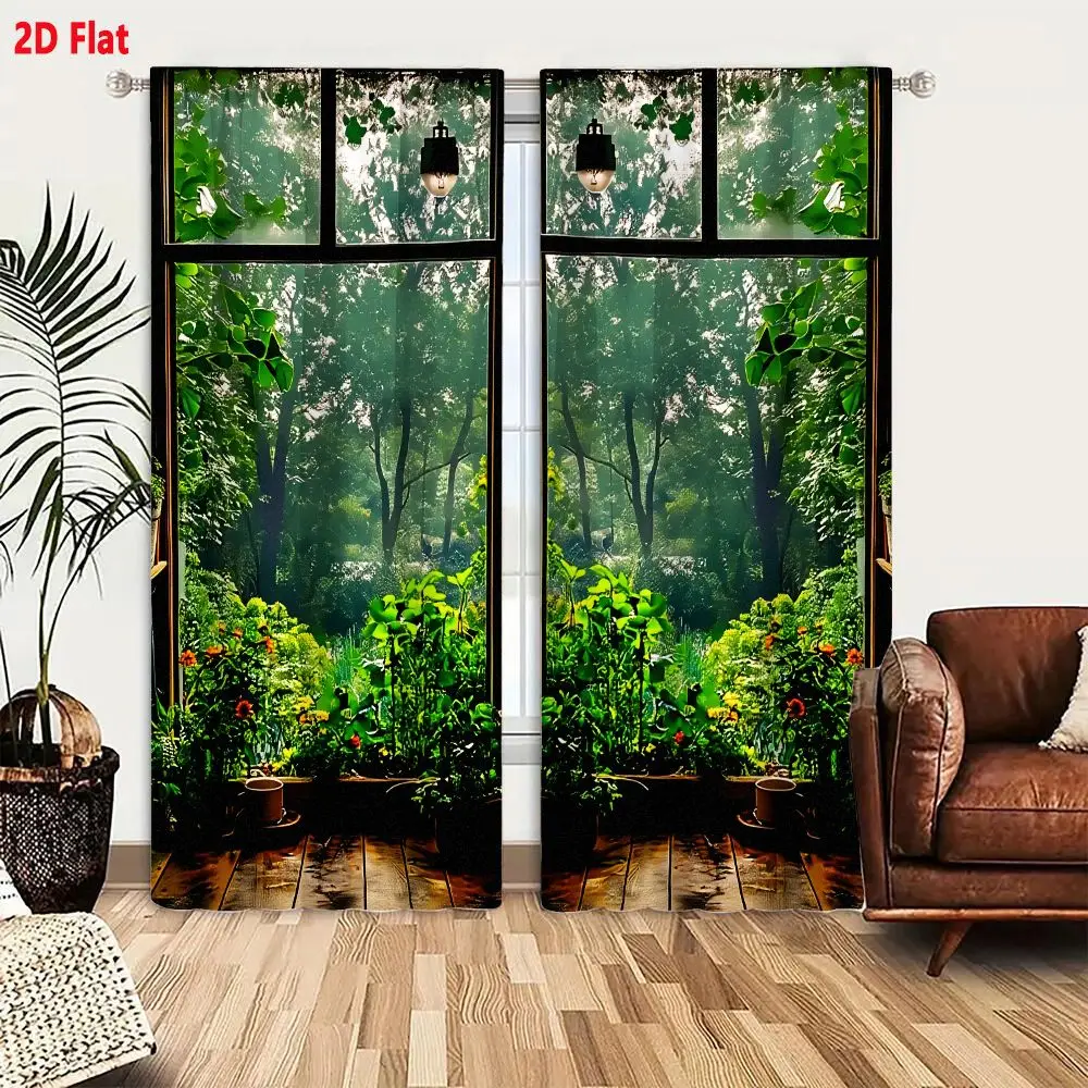 2Pcs Curtains 2D Flat Serene Indoor Scene With Wooden Floor And Multi-paned Window Overlooking Lush Green Forest Window Drapes f