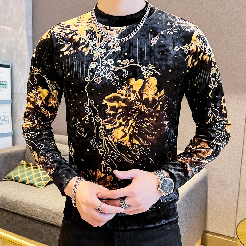 Mock Neck Trends T Shirt For Men Long Sleeve Print Elastic Slim Autumn Quality Velvet Soft Comfortable Silky Camisetas De Hombre