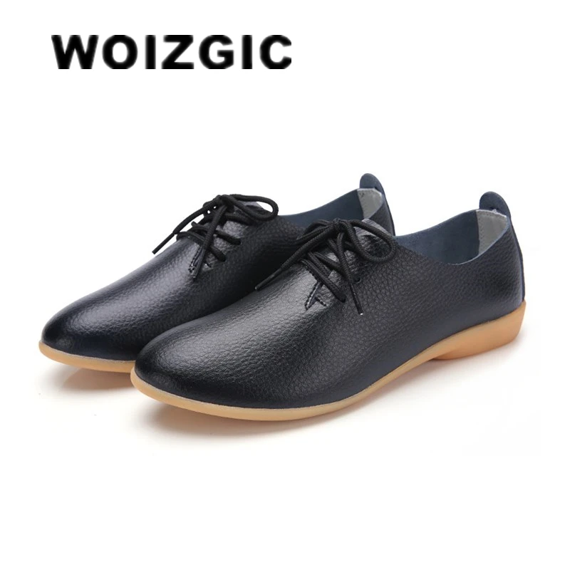 WOIZGIC-Mocassins en cuir de vache véritable pour femme, chaussures pour mère, plates, en peau de over, à lacets, 35-41 XXH-929