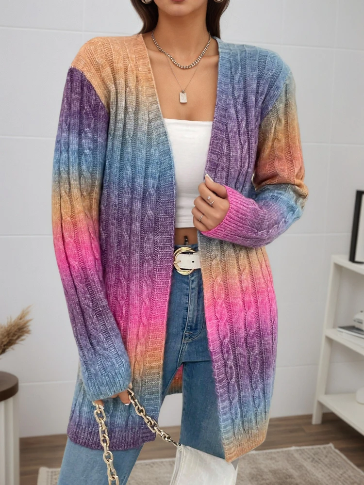 เสื้อคาร์ดิแกนถักลายสายรุ้งสำหรับผู้หญิง คอลเลคชั่นฤดูใบไม้ร่วง/ฤดูหนาว 2025 แบบใหม่ แขนยาว เปิดด้านหน้า ลายถักแบบเคเบิล