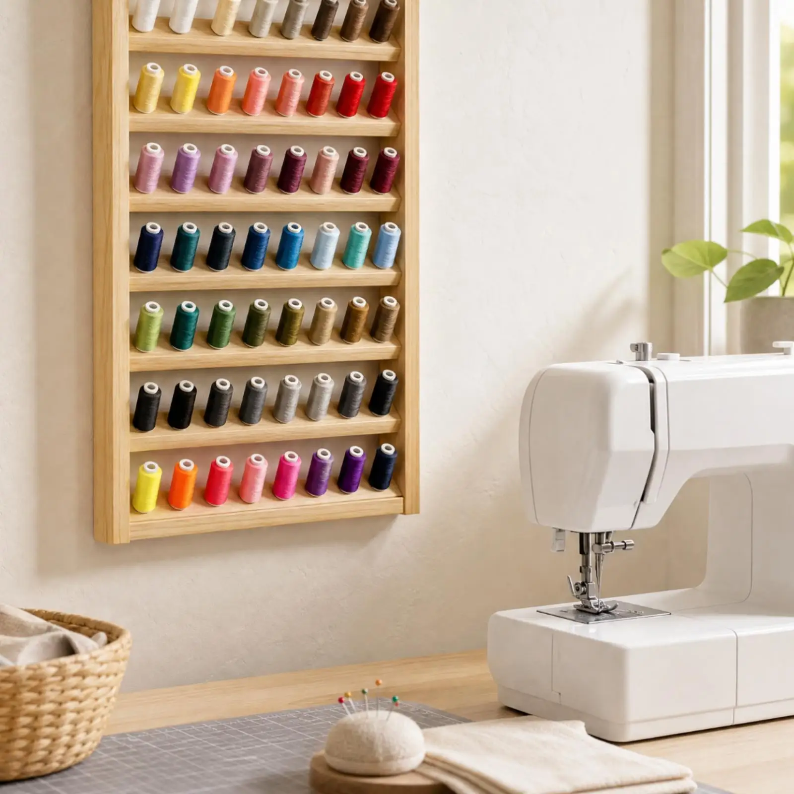 Wall-Mounted Thread Spool Rack Space-Saving Fir Wood Thread Rack Wooden Spool Holder with Pegs Multi-Purpose Customizable