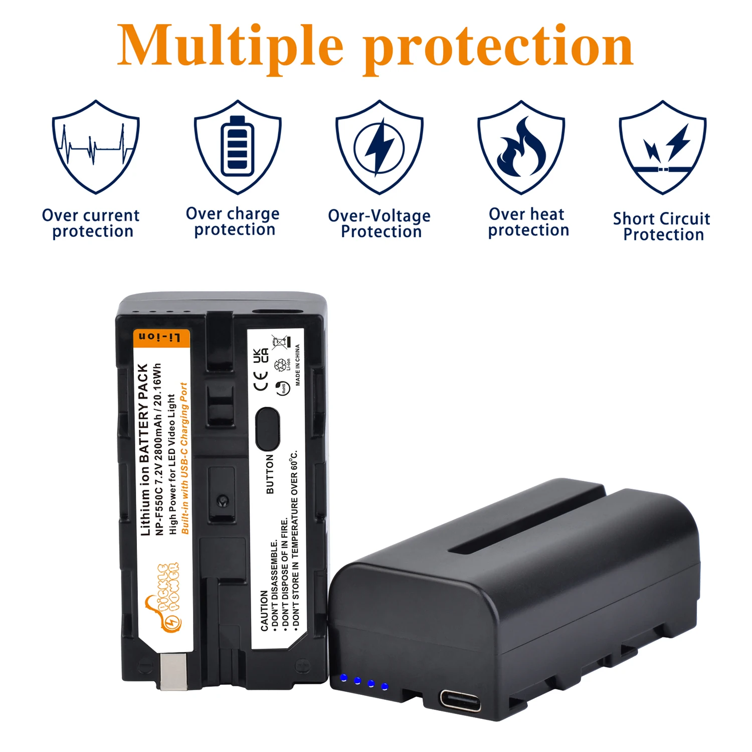 充電ポート付きバッテリー,2800mAh,NP-F550,LEDビデオライト,Sonyカメラ,Type-C,デコードされていない