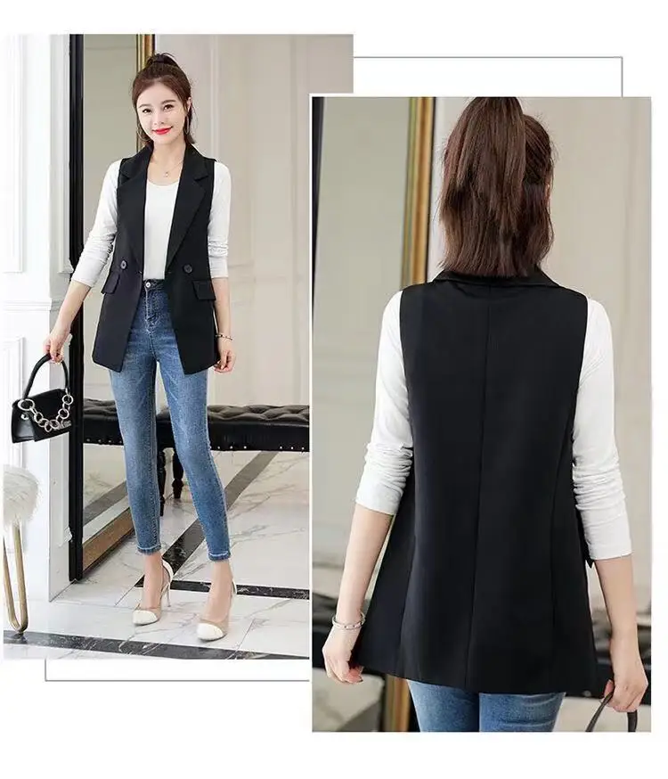 Office Lady Long Casual Vest Women Classic Loose Black Pocket Waistcoat Woman Elegant Slim Sleeveless Outerwear Chic