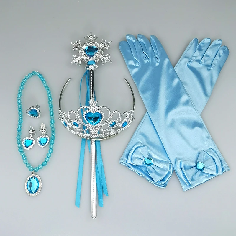 Cosplay elsa שמלת נסיכה עם סטים עגילי כפפות קסמי wand צמיד קסמי בנות ילדים בנות טור נסיכה