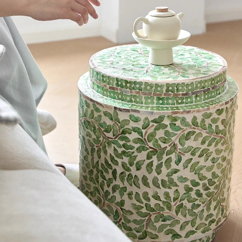 Imported Fritillary Inlaid Edge Drum Stool Nanyang Wind Spring Green indigo Blue and White Multi-Purpose Shoe Changing Stool