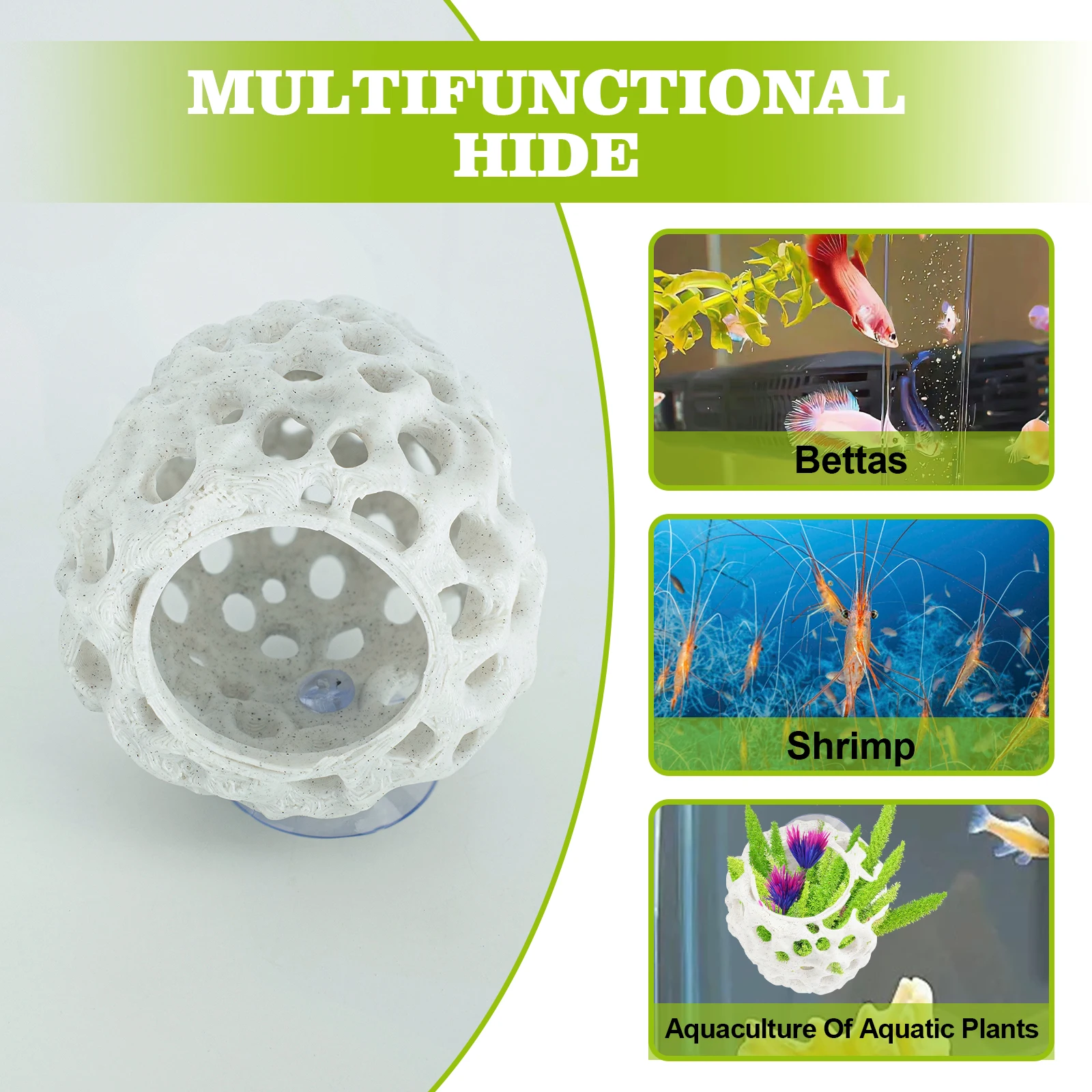 مخبأ الروبيان لحوض السمك، مخبأ سمكة بيتا مع كوب شفط، ديكور حوض السمك للأسماك الصغيرة، إخفاء الاستراحة