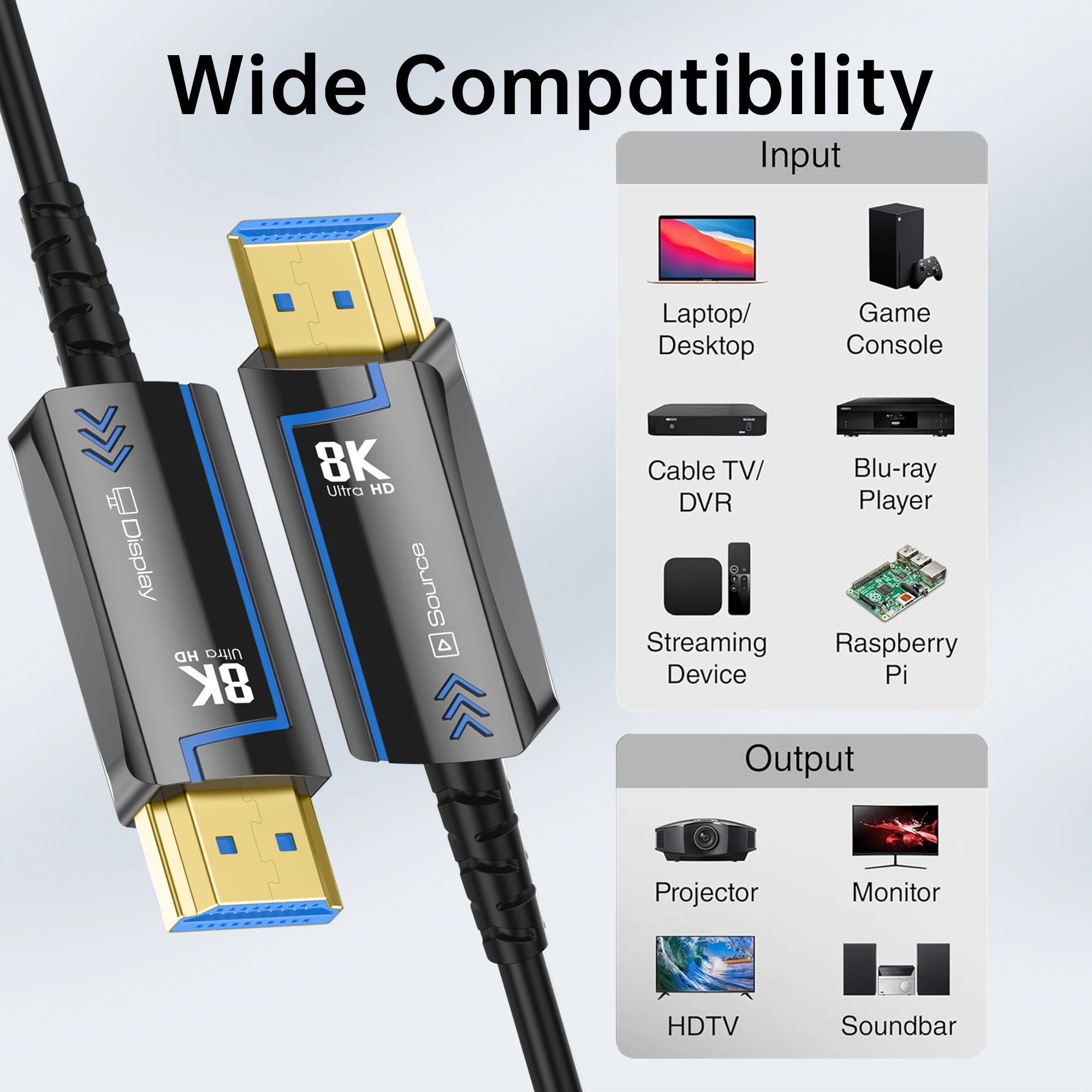 8K HDMI 2.1 Fine Fiber Optic Cable 8K60Hz 4K120Hz HDMI Cable Dynamic 48Gbps HDR/eARC/HDCP for HD TV PS5 Blu-ray Speed Computer